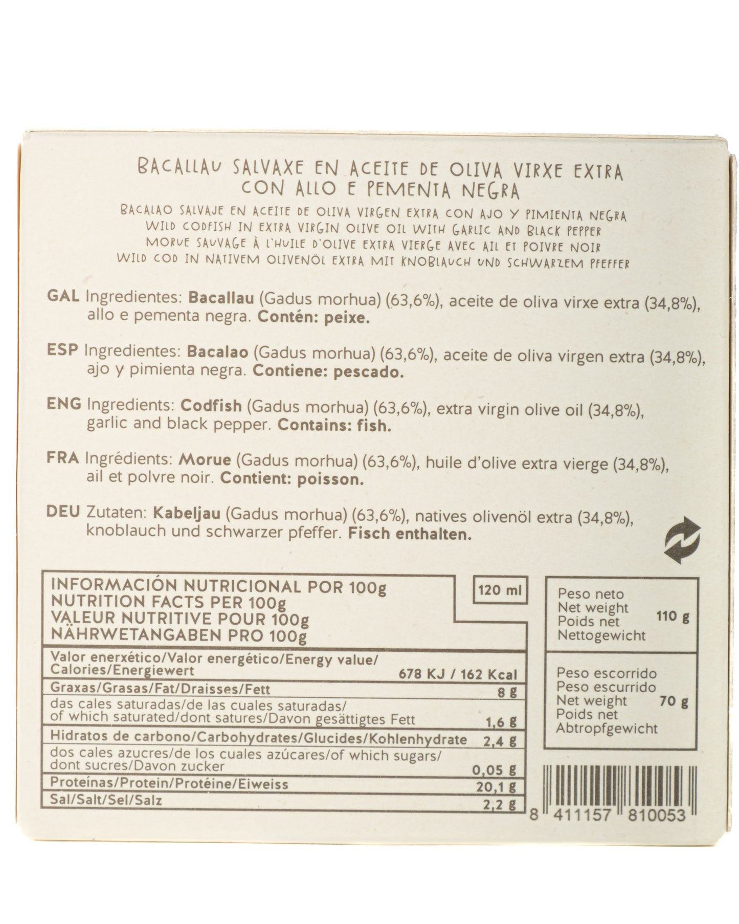 Bacalao Salvaje en Aceite de Oliva con Ajo y Pimienta Negra Ar de Arte